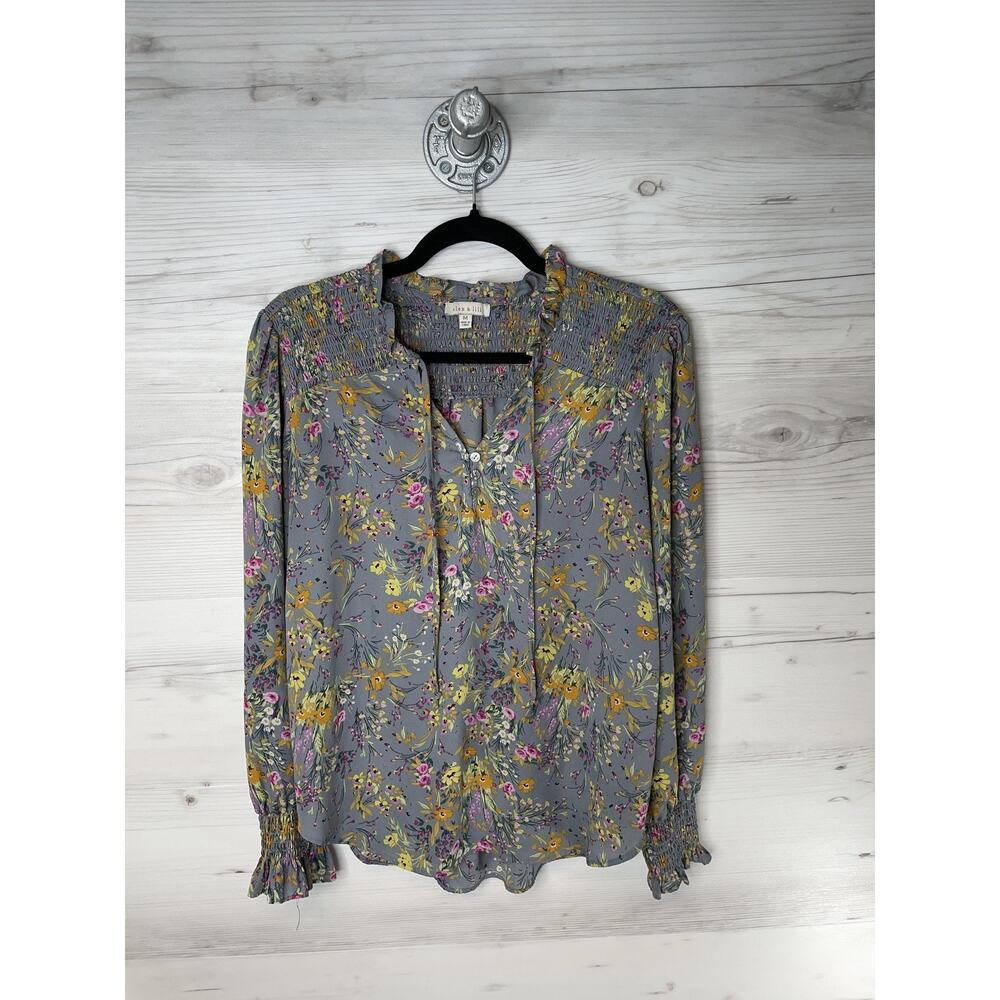 alex & lili Blouse Womens Medium Gray Floral Smocked Cuffs Split Neck‎ Peasant